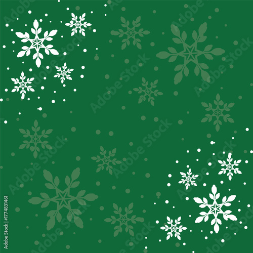 Elegant green Christmas background with decorative snowflake border and falling snow dots. Perfect winter holiday backdrop for greeting cards, invitations, posters, wrapping and festive design.