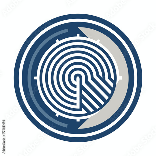 A circular logo featuring a concentric mazelike pattern with a break in the design, suggesting an exit point, enclosed within a doubleringed border with arrowlike elements