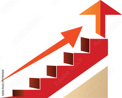 A staircase with an arrow pointing upwards, symbolizing career advancement, progress, and achieving goals, set against a clean