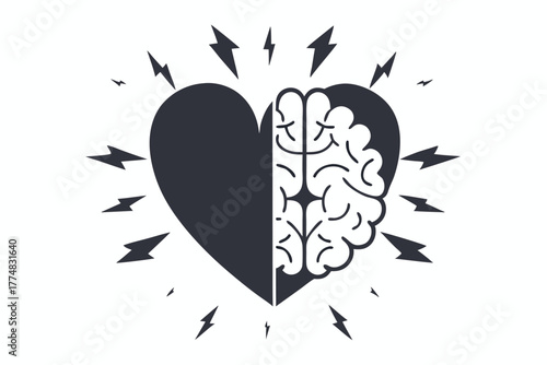 Black heart and brain coexist emitting powerful energy bolts against a plain white backdrop
