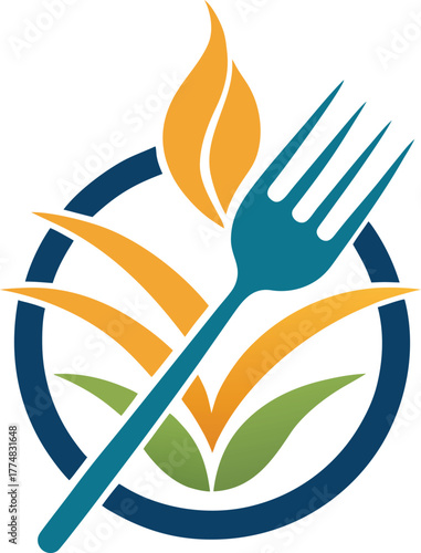 A vibrant logo featuring a fork intersecting a circle with wheat stalks and a flame, symbolizing healthy eating and natural food