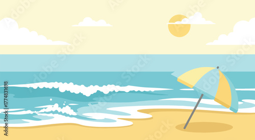 Cartoon beach scene vector illustration with umbrella waves and sun for summer vacation design