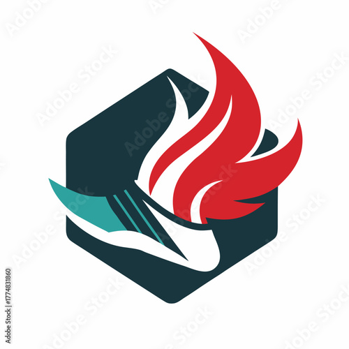 Dynamic logo design featuring a stylized running shoe with a fiery trail, set against a hexagon, symbolizing speed, passion, and innovation in sports and athletic performance