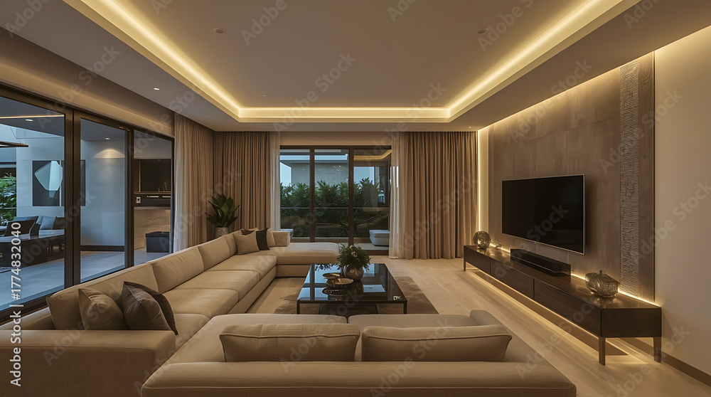 Fototapeta premium Stylish living room with sectional sofa and modern design, perfect for showcasing home decor or interior design ideas in luxury real estate marketing