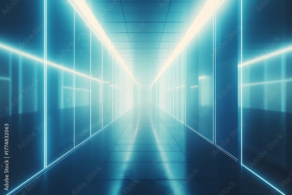 Fototapeta premium Futuristic neon tunnel with bright glowing lights high resolution photo