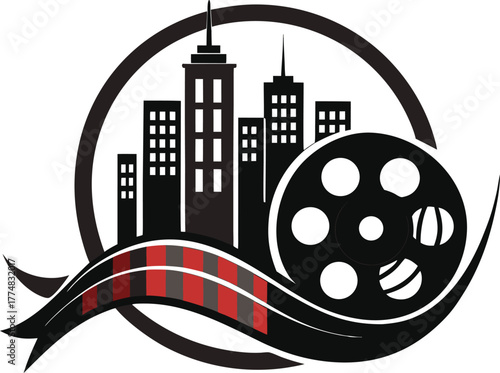 A captivating emblem showcasing a cityscape silhouette intertwined with a film reel, symbolizing the vibrant intersection of urban life and cinematic artistry