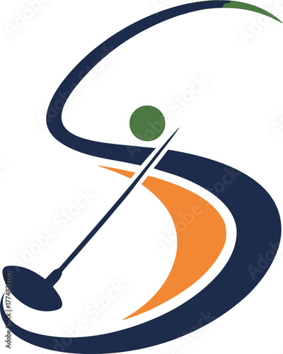 A stylized golf logo featuring a golfer swinging a club, depicted in shades of blue, green, and orange, this design embodies the spirit of the sport