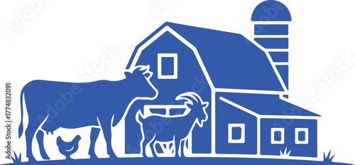 Blue silhouette of farm animals and a barn silo