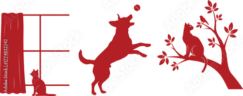 Red silhouette of a cat by a window a dog catching a ball and a cat on a tree branch with a bird