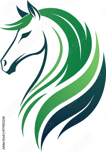 A green horse head logo with a flowing mane, showcasing a modern and elegant design, perfect for equestrian brands and natureinspired businesses