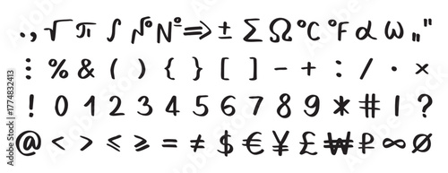 Scribble black special math symbols, numbers and signs. Symbols are handwritten characters from the keyboard