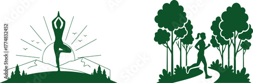 Silhouette of woman doing yoga on mountain with sun and birds, and woman running in forest