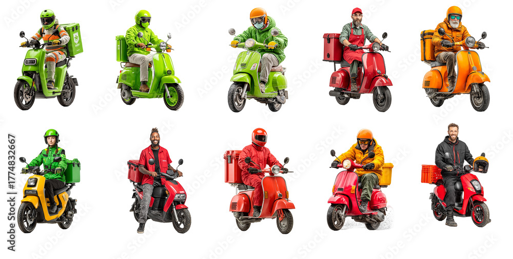 Fototapeta premium Vibrant and Diverse Delivery Riders Fashionably Dressed on Scooters isolated on transparent background Capturing Urban Mobility and Modern Transport