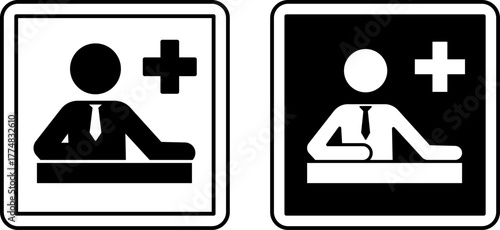 Administration Signs. Black and White Vector Icons. Man in a Tie Sitting at a Desk. Specialists Responsible for Clinic Operations. Sign in a Hospital Department