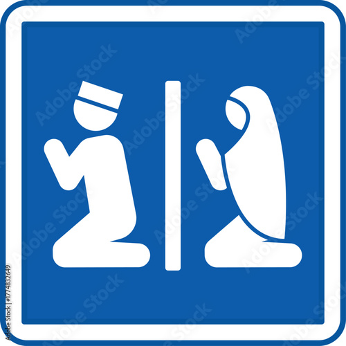 Blue Prayer Room Sign. Vector Icon. Man and Woman Kneeling in Praying. Private Room for Prayer and Meditation. Hospital Ward Sign