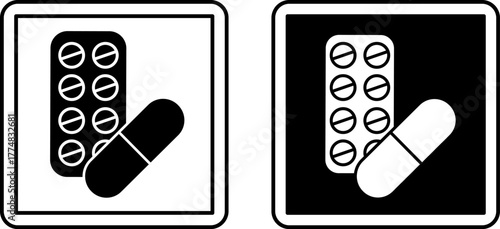 Pharmacy Signs. Black and White Vector Icons. Pills and Medicines. Hospital Department Sign