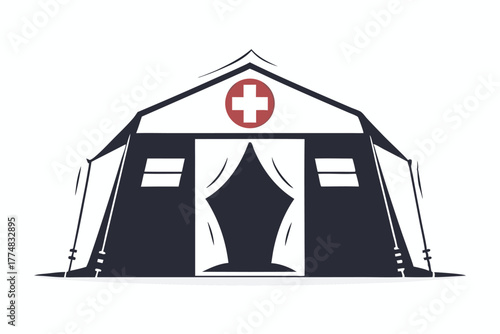 An outline of a tent with a red cross, and door flaps