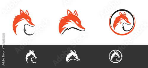 Three stylized fox head logos in orange black and white on white and gray vector template animal