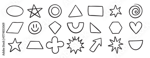 Basic geometric shapes doodle hand drawn icon set. Outline drawing for learning games math flat figure line clipart symbol 