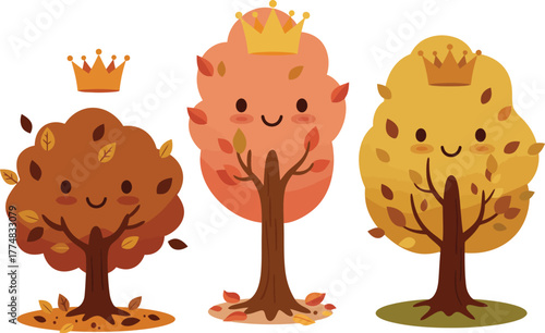 Three cute cartoon autumn trees with crowns and happy faces on white background