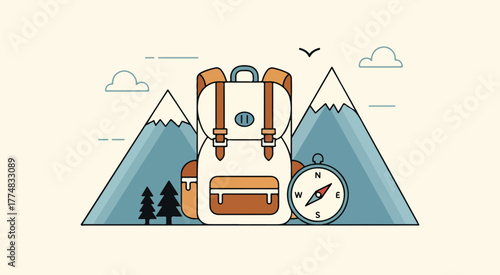 Backpacking adventure illustration: mountains, compass, and travel gear for outdoor exploration and hiking trip