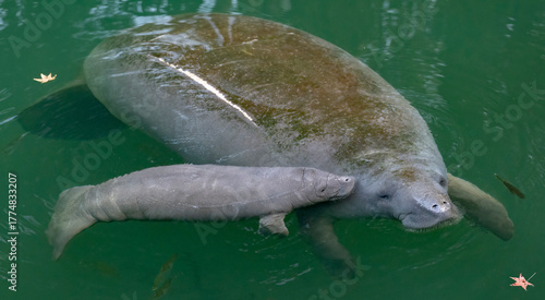 Mother manatee and newborn baby calf In Wekiva River, Florida
