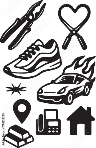 Fitness and Tools Icons – Jump Rope, Pliers, Sneaker

