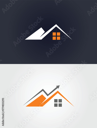 Two abstract house roof logos with graph and window elements vector template graphic