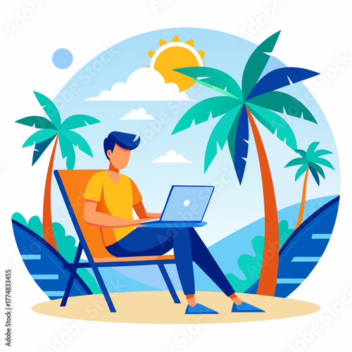 Man working on laptop on a beach chair under palm trees with sun and clouds in the sky
