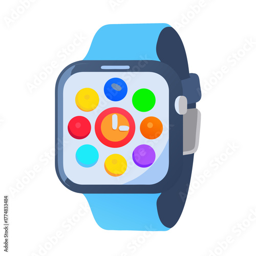 Modern smartwatch with colorful app icons and clock display on black background