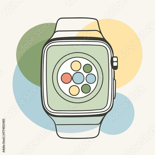 Stylized illustration of a modern smartwatch with a colorful app icon display on a pastel background