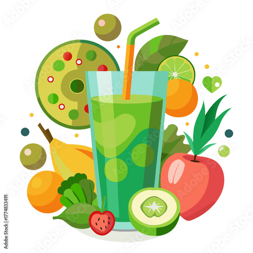 Refreshing green smoothie surrounded by fresh fruits and vegetables for a healthy lifestyle