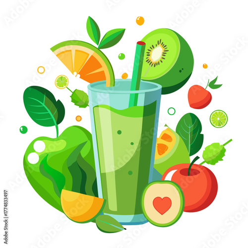 Refreshing green smoothie surrounded by fresh fruits and vegetables for a healthy lifestyle