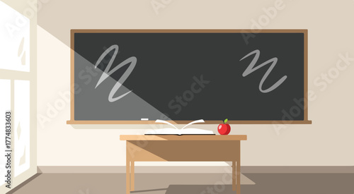 Classroom scene with blackboard desk and apple back to school education learning environment vector art