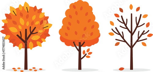 Three stylized autumn trees with vibrant orange foliage and falling leaves on white background