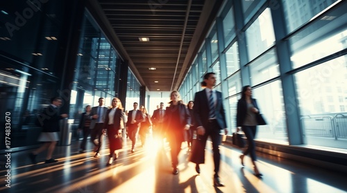 motion blur image of business people crowd walking at corporate office in city downtown