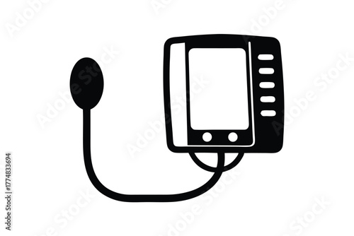 Black silhouette presents blood pressure monitor with squeeze bulb and tube on a white backdrop