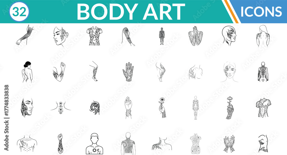 Obraz premium Body Art line icon set. Including Arm tattoo, Face profile, Back tattoo, Leg design, Human torso, Hand art, Shoulder sketch, Neck art, Abstract body . Vector line art illustration.