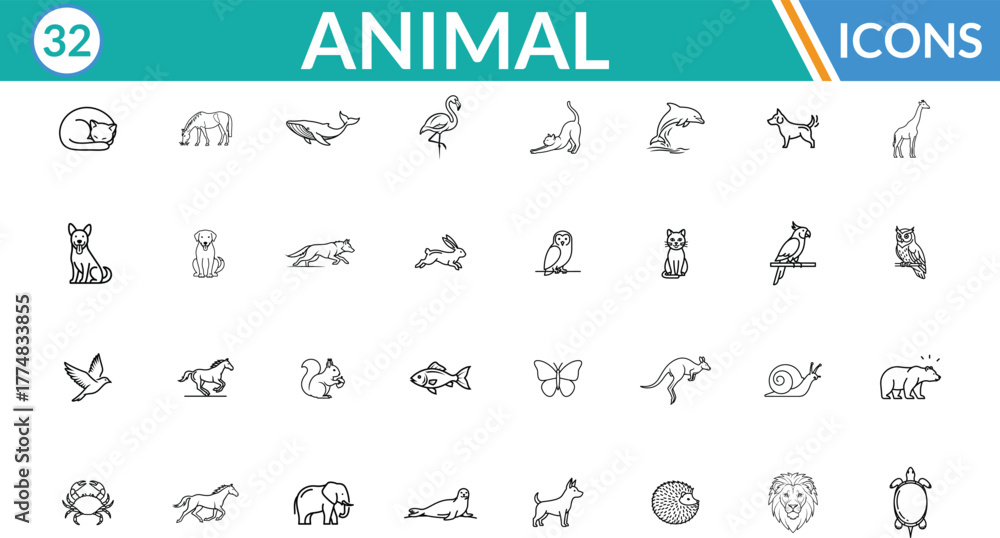 Naklejka premium Animal line icon set. Including Sleeping fox, Elephant, Whale, Pelican, Cat stretching, Dolphin, Dog, Giraffe, Flying bird, Horse galloping . Vector line art illustration.