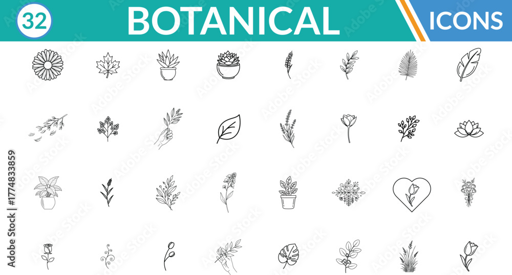 Obraz premium Botanical line icon set. Including Floral medallion, Plant in pot, Fern leaf, Single leaf, Twig, Poinsettia, Heart with plant, Rose, Monstera leaf, Wheat stalk . Vector line art illustration.