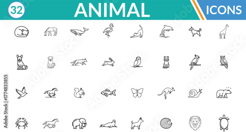  Animal line icon set. Including Sleeping fox, Elephant, Whale, Pelican, Cat stretching, Dolphin, Dog, Giraffe, Flying bird, Horse galloping . Vector line art illustration.
