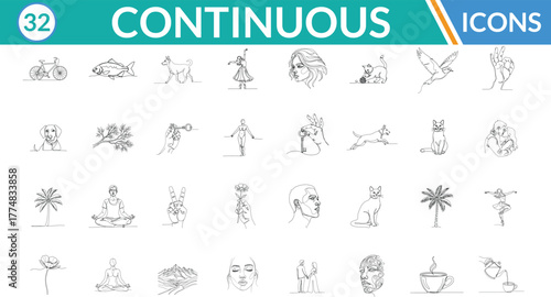 Continuous line icon set. Including Bicycle, Fish, Cat, Dancing figure, Face profile, Bird flying, Human figure, Lotus flower, Rabbit, Coffee cup . Vector line art illustration.