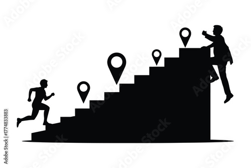 Silhouettes of people climbing stairs with location pins representing goals