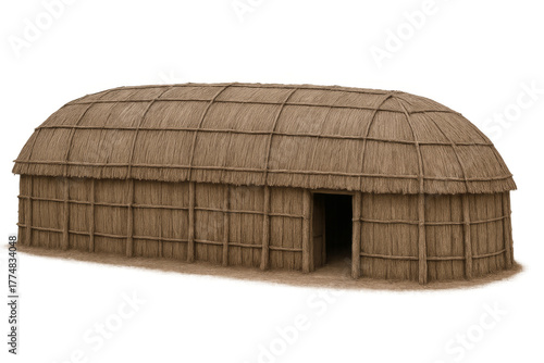 Indigenous longhouse hut building with thatched roof