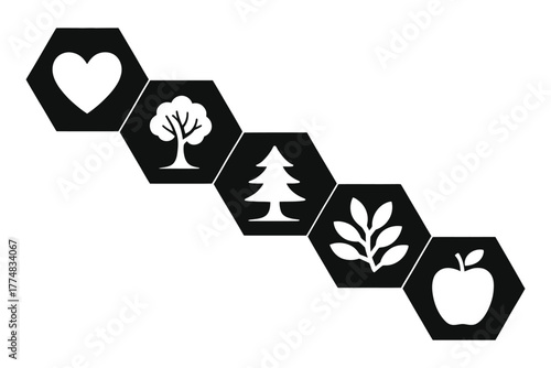 Nature and health icons in hexagonal shapes