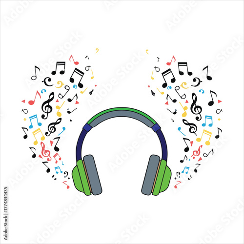 Vibrant Music Notes Flowing From Headphones Creating Melodious Sound Waves