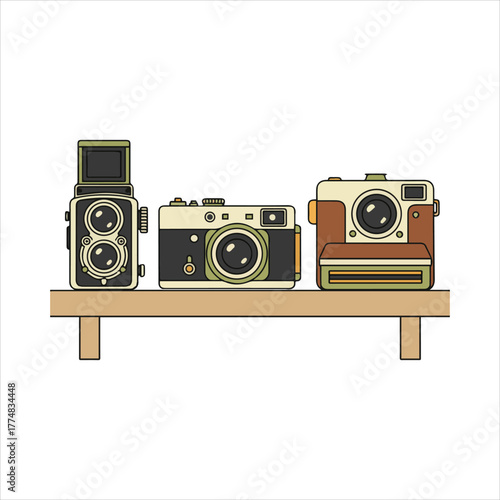 Collection of Vintage Retro Cameras Displayed on a Wooden Shelf