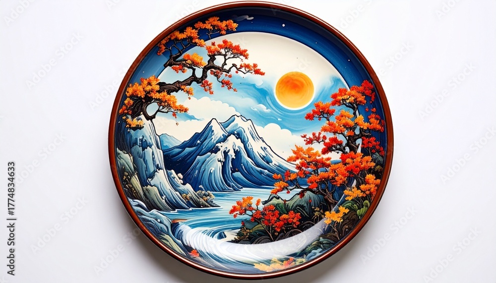 Fototapeta premium Ceramic Plate with Autumn Mountain Scene Symbolizing Artistic Nature and Editorial Styling for Decorative Arts