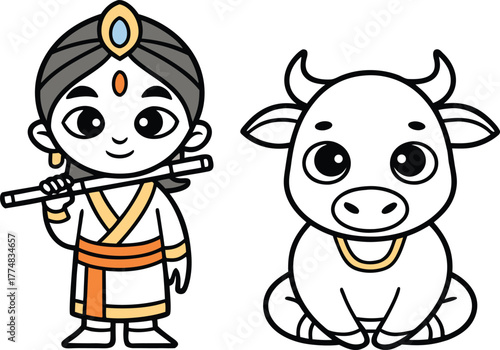 Sri Krishna Outline Design. Lord Krishna Line Art Illustration. Divine Krishna Outline Artwork. Hindu God Krishna Drawing. Spiritual Krishna Outline Design. Krishna Religious Line Artwork