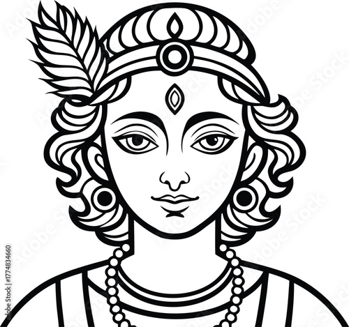 Sri Krishna Outline Design. Lord Krishna Line Art Illustration. Divine Krishna Outline Artwork. Hindu God Krishna Drawing. Spiritual Krishna Outline Design. Krishna Religious Line Artwork